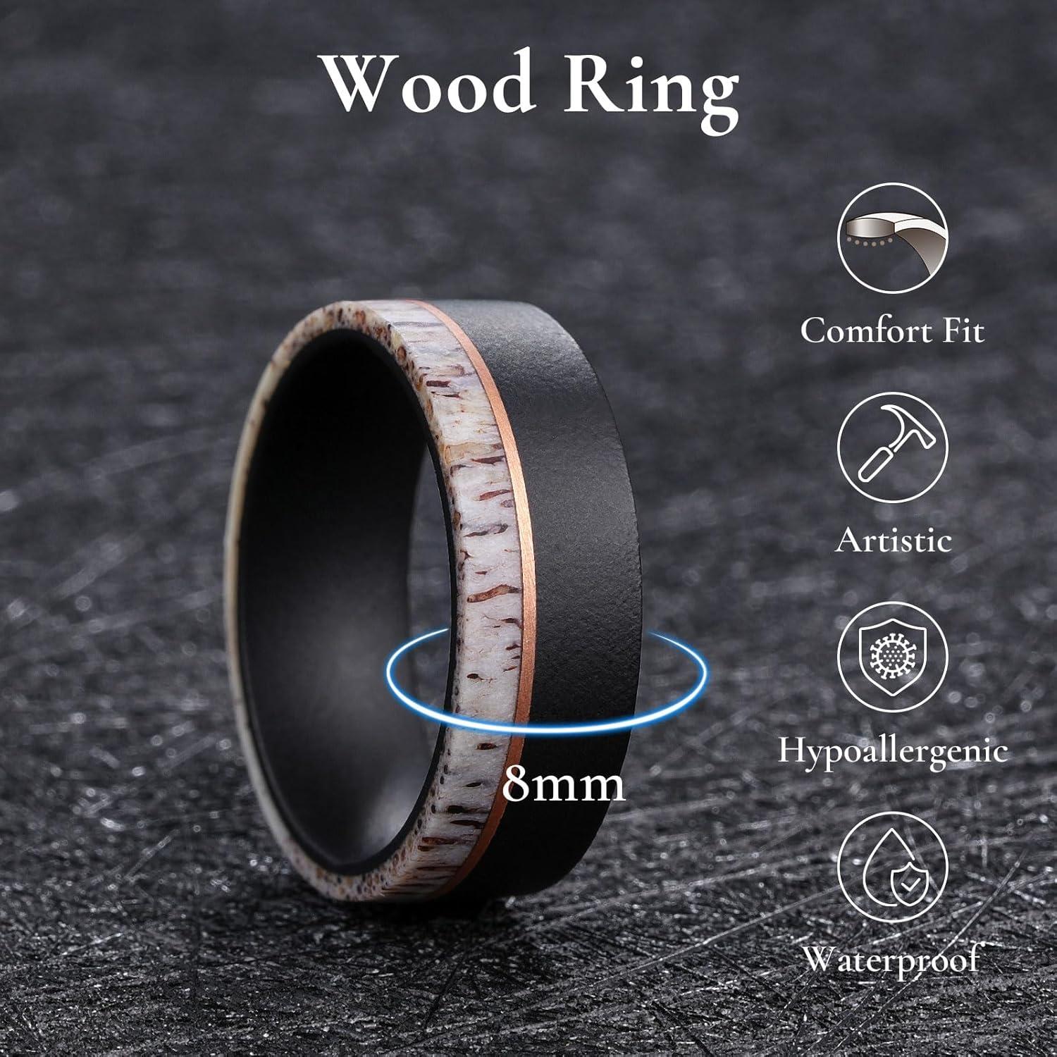 imageKing Will 8mm Wooden Rings Mens Wedding Rings Inlay Flat Cut Ring for Men Women Comfort Fit DurableEbonyAntler