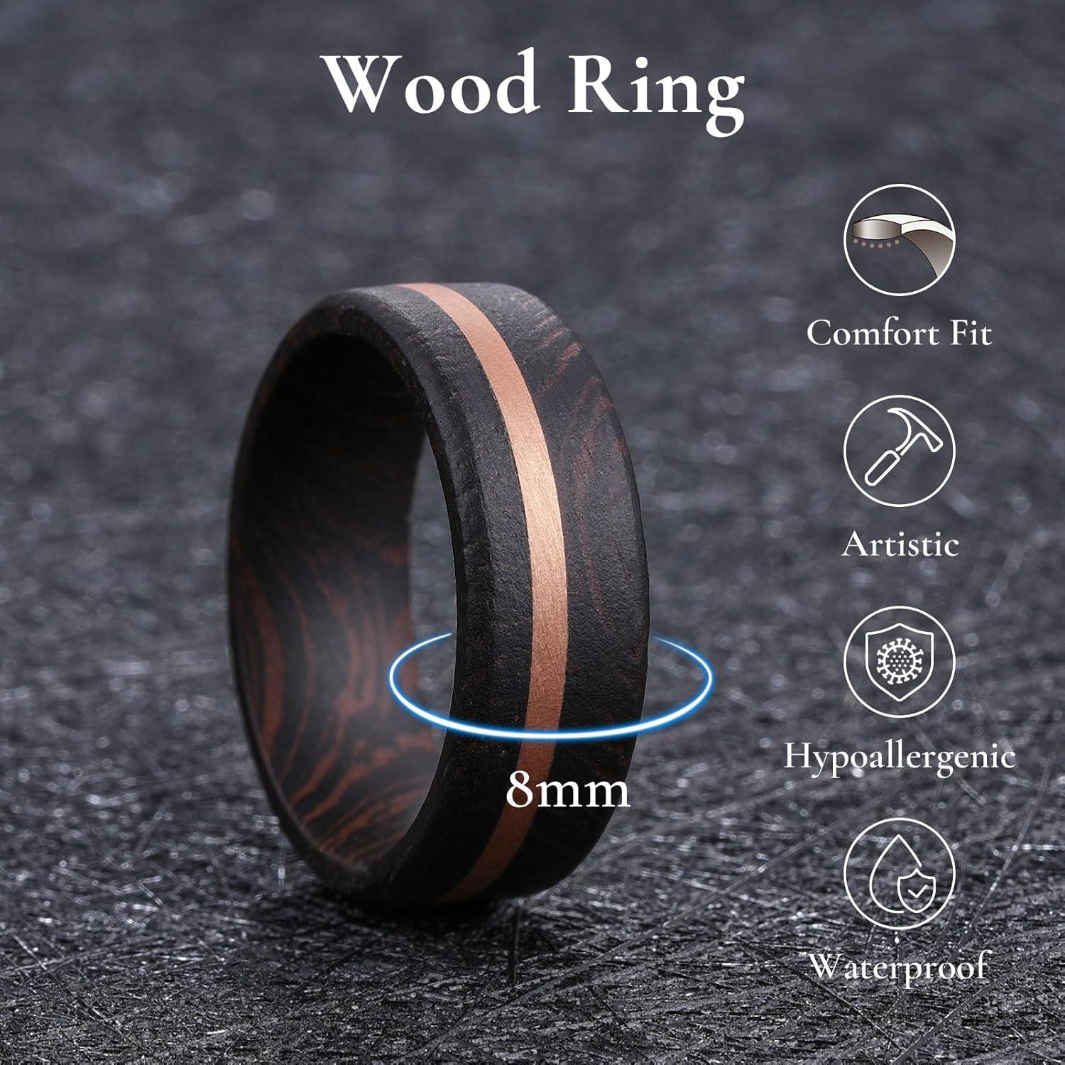 imageKing Will 8mm Wooden Rings Mens Wedding Rings Inlay Flat Cut Ring for Men Women Comfort Fit DurableRed Sandalwood
