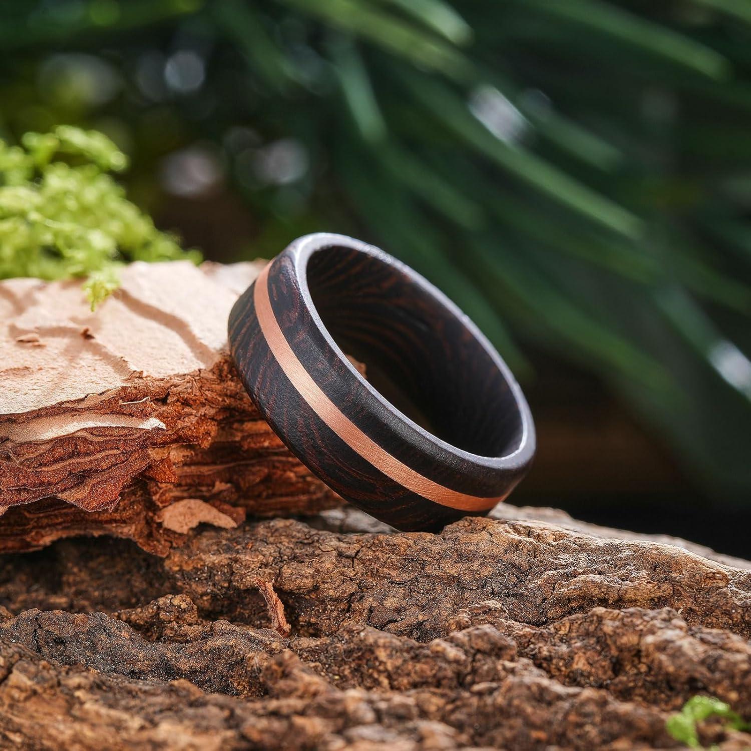 imageKing Will 8mm Wooden Rings Mens Wedding Rings Inlay Flat Cut Ring for Men Women Comfort Fit DurableRed Sandalwood