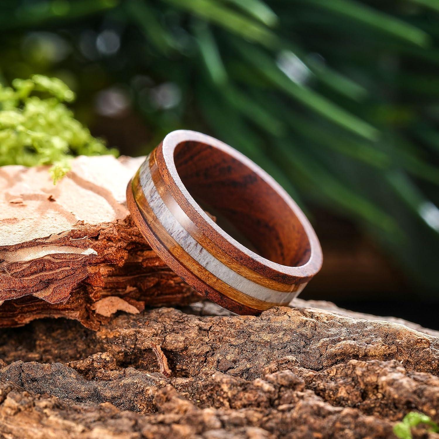 imageKing Will 8mm Wooden Rings Mens Wedding Rings Inlay Flat Cut Ring for Men Women Comfort Fit DurableRosewoodAntler