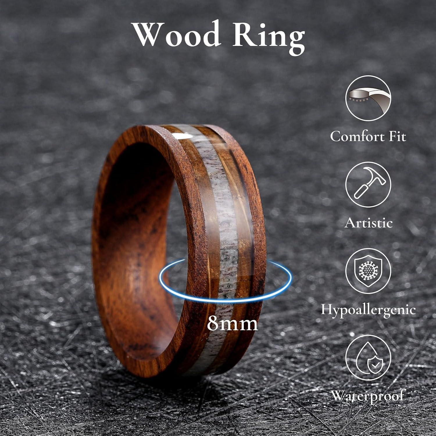 imageKing Will 8mm Wooden Rings Mens Wedding Rings Inlay Flat Cut Ring for Men Women Comfort Fit DurableRosewoodAntler