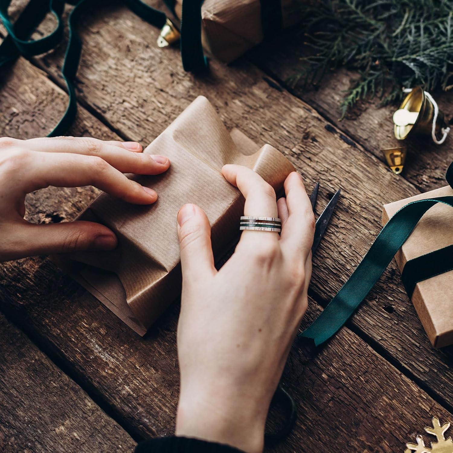 imageKing Will 8mm Wooden Rings Mens Wedding Rings Inlay Flat Cut Ring for Men Women Comfort Fit DurableSand