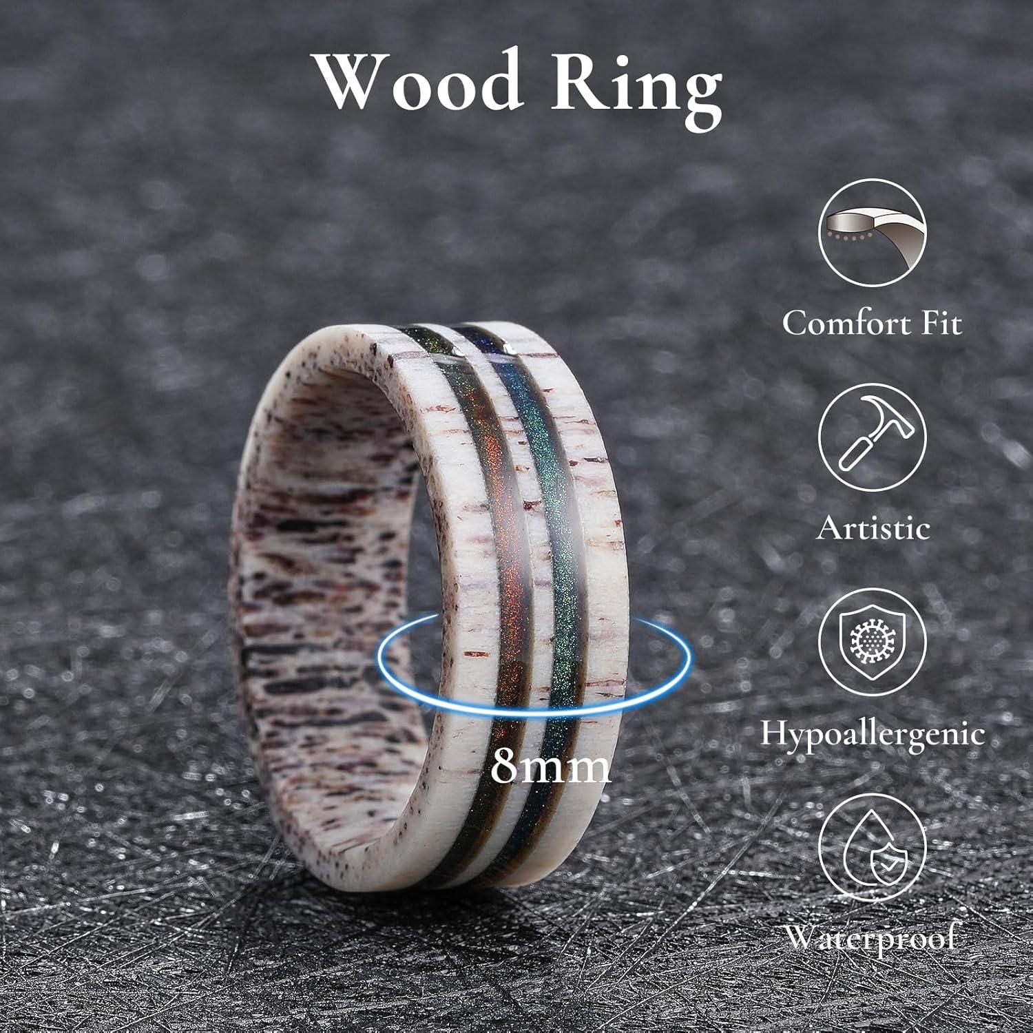 imageKing Will 8mm Wooden Rings Mens Wedding Rings Inlay Flat Cut Ring for Men Women Comfort Fit DurableSand