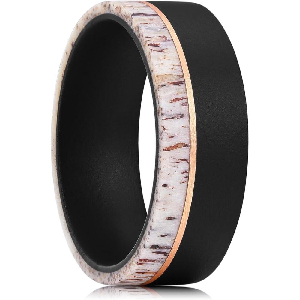 imageKing Will 8mm Wooden Rings Mens Wedding Rings Inlay Flat Cut Ring for Men Women Comfort Fit DurableEbonyAntler