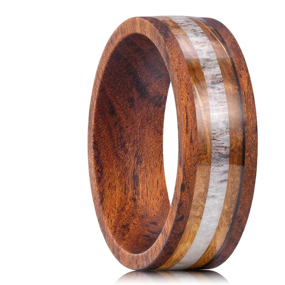imageKing Will 8mm Wooden Rings Mens Wedding Rings Inlay Flat Cut Ring for Men Women Comfort Fit DurableRosewoodAntler