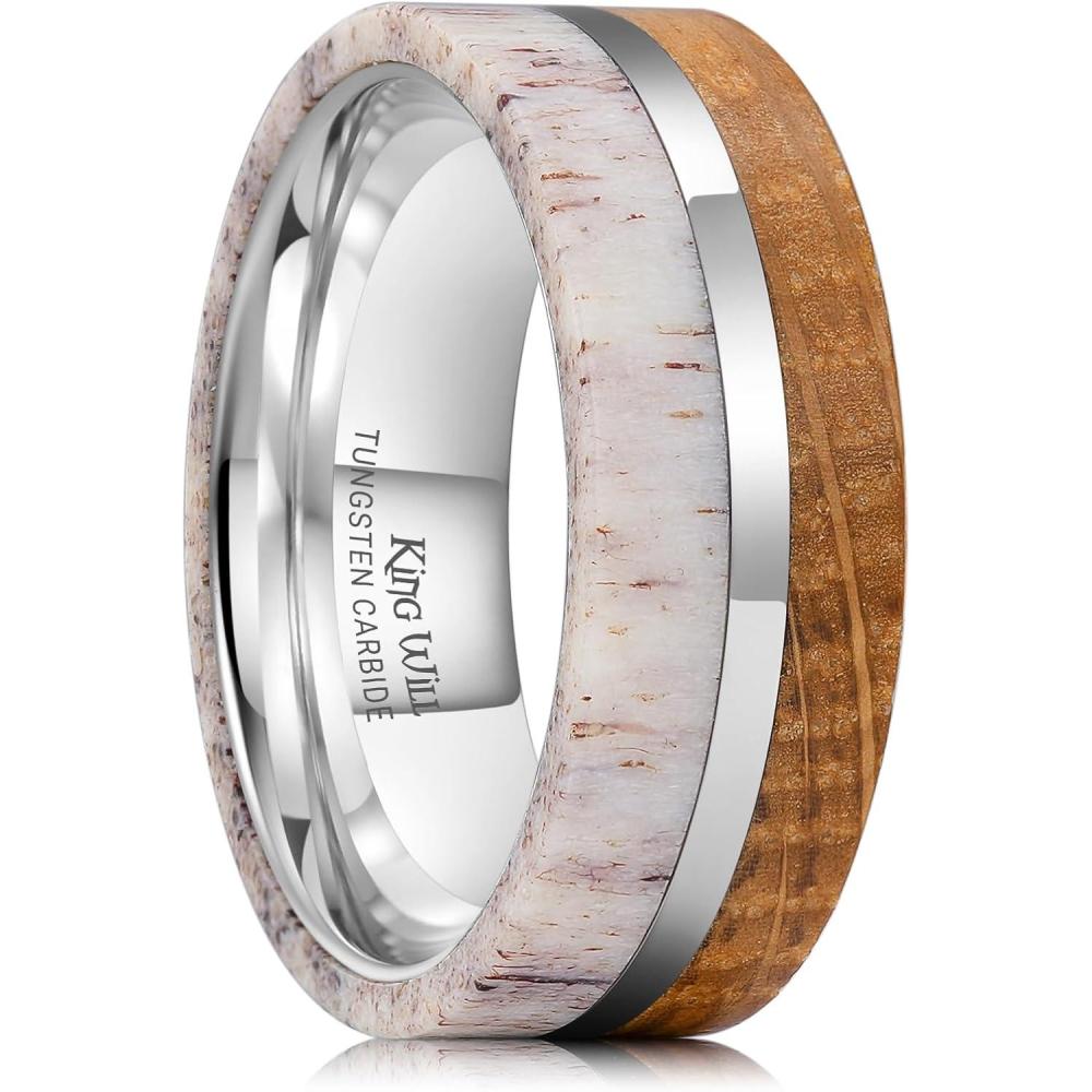 imageKing Will 8mm Wooden Rings Mens Wedding Rings Inlay Flat Cut Ring for Men Women Comfort Fit DurableWhiskey WoodAntler