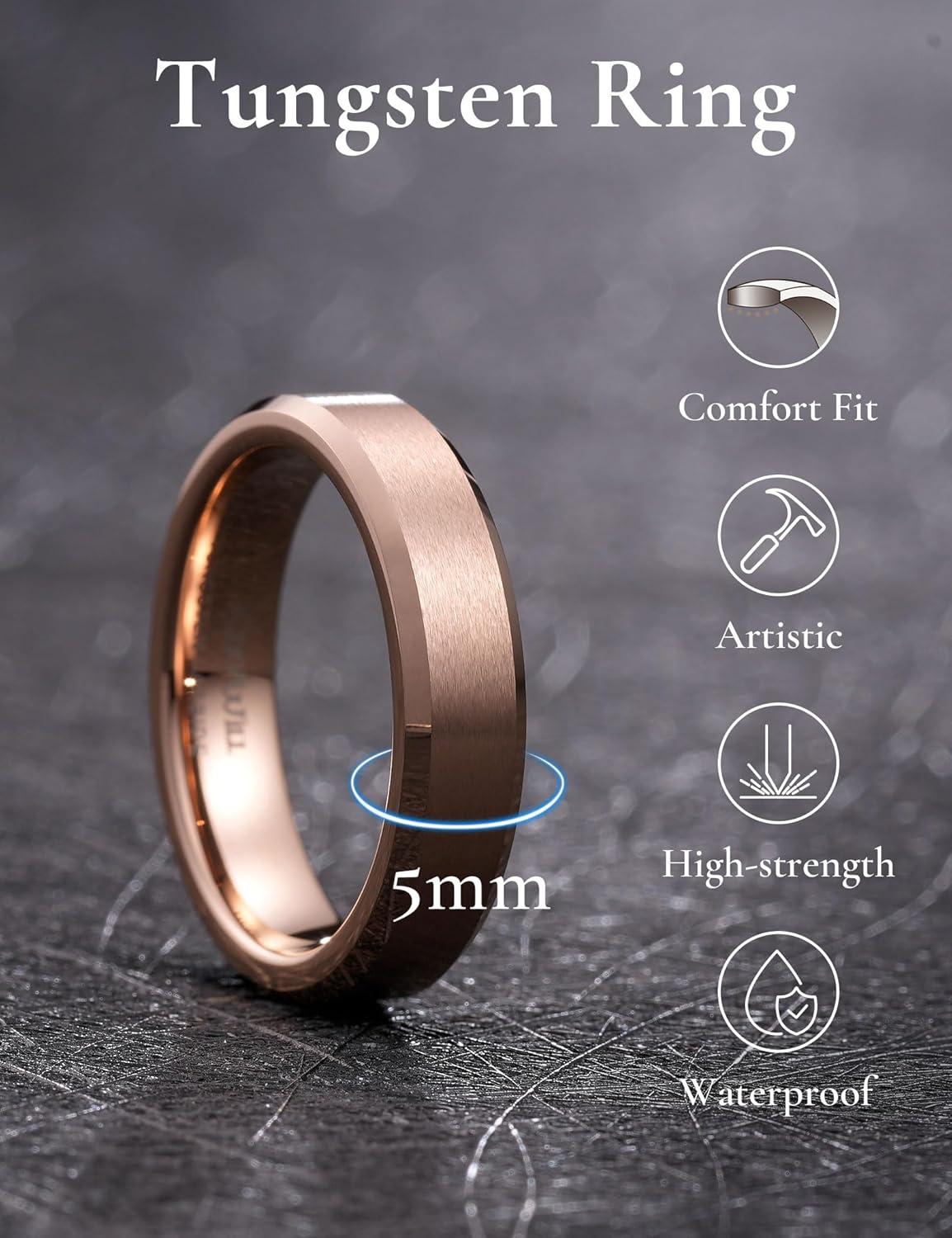 imageKing Will Basic Unisex SilverBlackBlueRose GoldGoldPurple Tungsten Carbide Matte Polished Finish Wedding Beveled Edge Engagement Band Ring for Men WomenRose Gold5mm