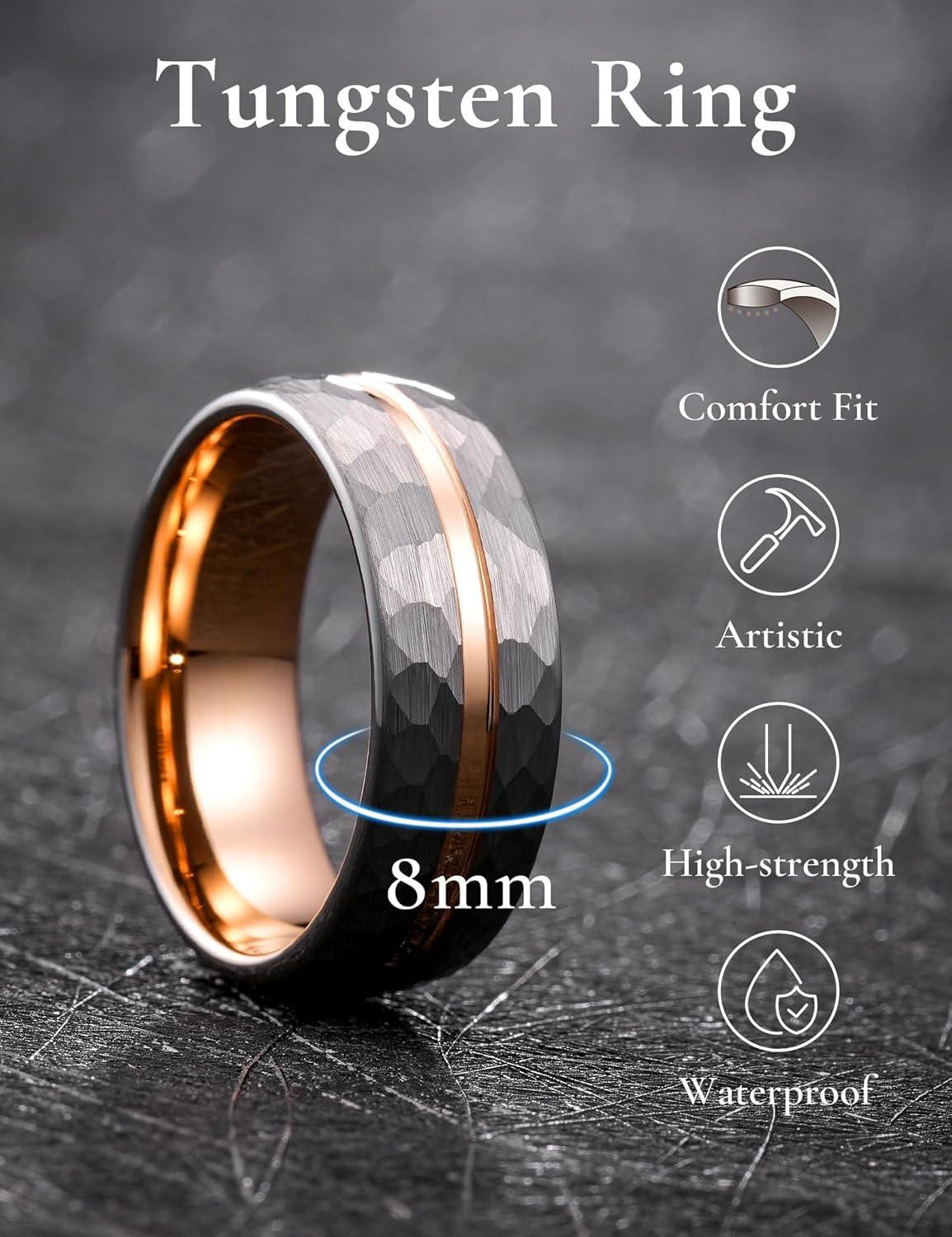 imageKing Will 6mm 8mm Mens Tungsten Carbide Wedding Ring Hammered Groove Wedding Band Mens Two Tone BlackSilverGoldBrown Engagement Ring for Men and Women Matte Brushed Finish Comfort Fit Size 6148MM SilverRose Gold Groove