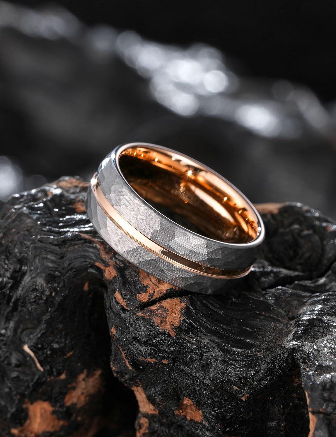 imageKing Will 6mm 8mm Mens Tungsten Carbide Wedding Ring Hammered Groove Wedding Band Mens Two Tone BlackSilverGoldBrown Engagement Ring for Men and Women Matte Brushed Finish Comfort Fit Size 6148MM SilverRose Gold Groove
