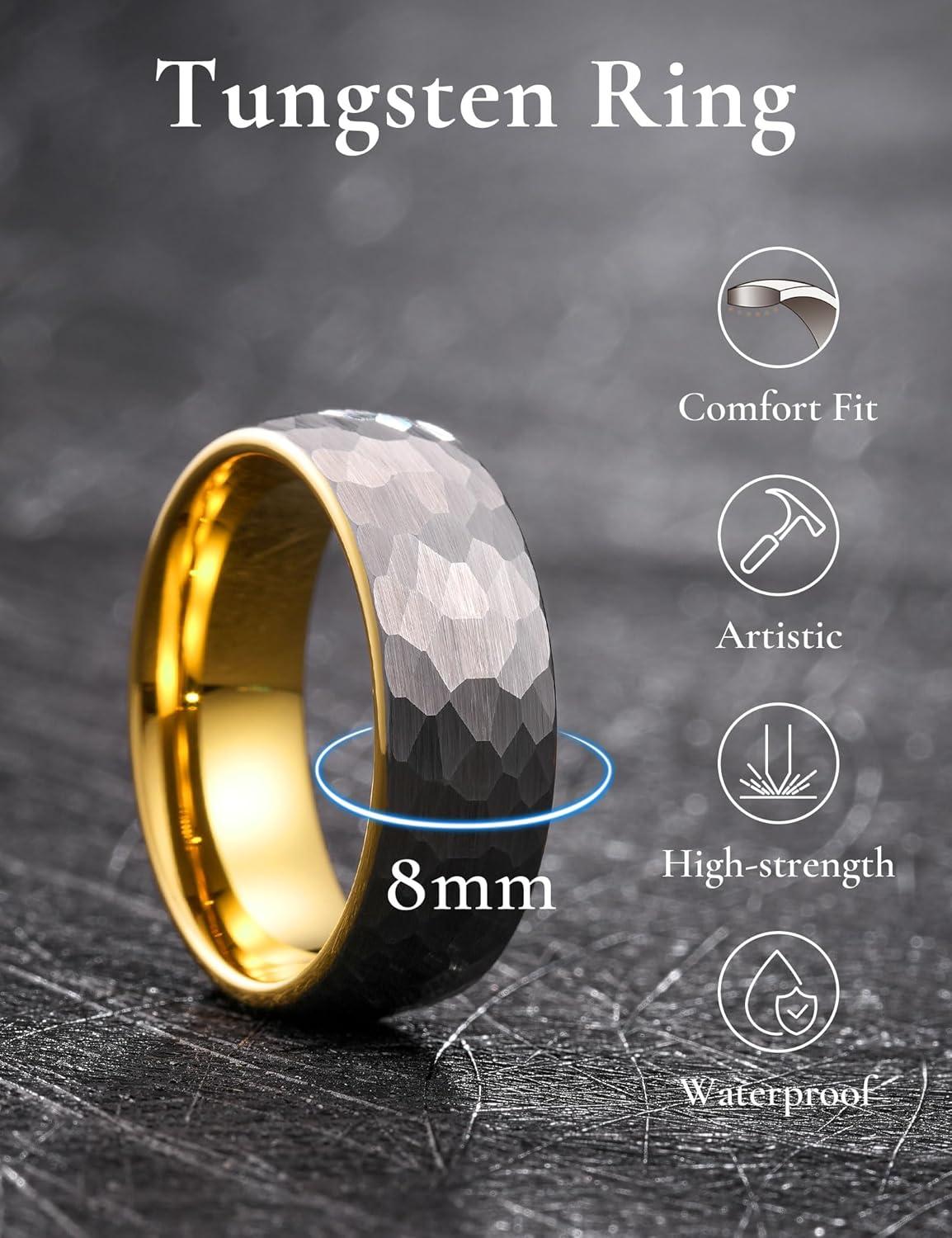 imageKing Will 6mm 8mm Mens Tungsten Carbide Wedding Ring Hammered Groove Wedding Band Mens Two Tone BlackSilverGoldBrown Engagement Ring for Men and Women Matte Brushed Finish Comfort Fit Size 6148MM GoldSilver