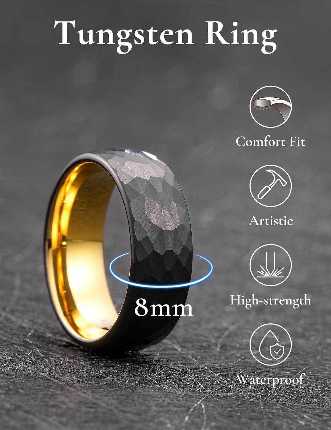 imageKing Will 6mm 8mm Mens Tungsten Carbide Wedding Ring Hammered Groove Wedding Band Mens Two Tone BlackSilverGoldBrown Engagement Ring for Men and Women Matte Brushed Finish Comfort Fit Size 6148MM GoldBlack