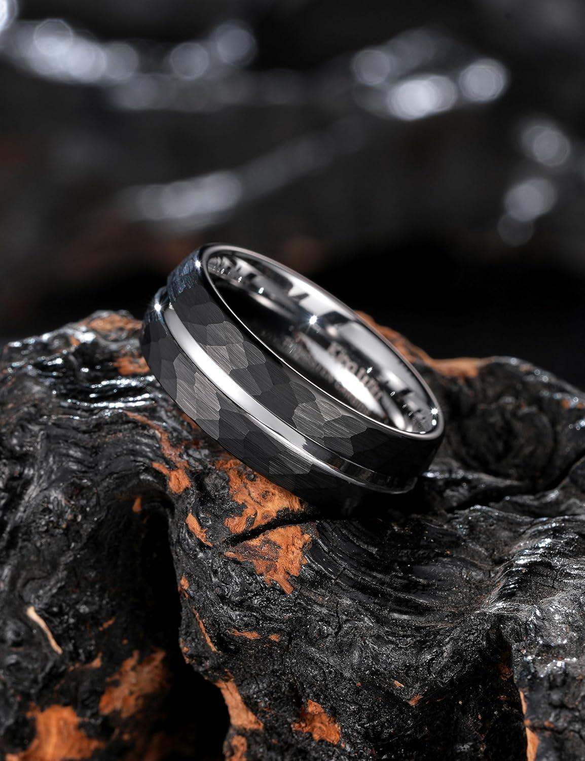 imageKing Will 6mm 8mm Mens Tungsten Carbide Wedding Ring Hammered Groove Wedding Band Mens Two Tone BlackSilverGoldBrown Engagement Ring for Men and Women Matte Brushed Finish Comfort Fit Size 6148MM BlackSilver Groove