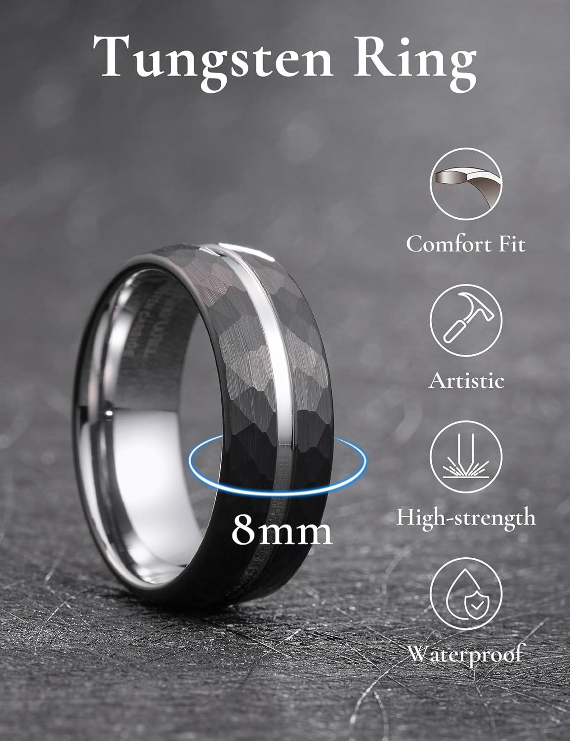 imageKing Will 6mm 8mm Mens Tungsten Carbide Wedding Ring Hammered Groove Wedding Band Mens Two Tone BlackSilverGoldBrown Engagement Ring for Men and Women Matte Brushed Finish Comfort Fit Size 6148MM BlackSilver Groove