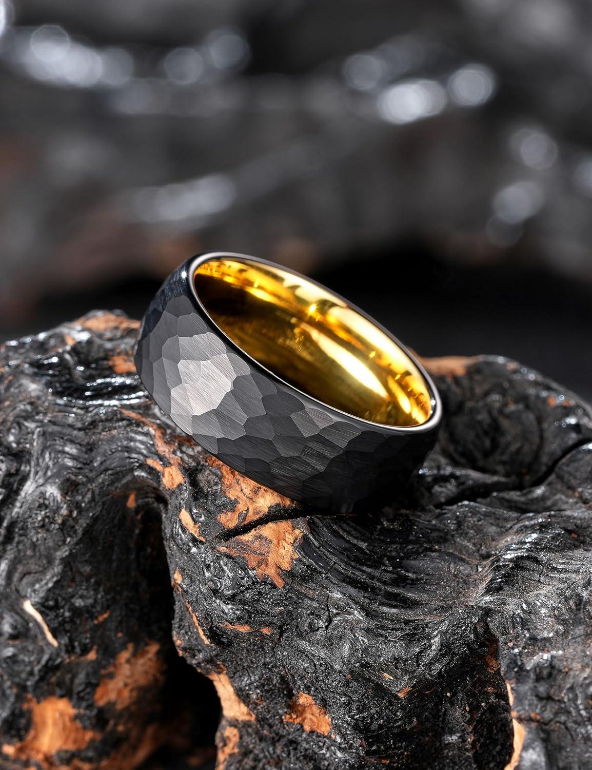 imageKing Will 6mm 8mm Mens Tungsten Carbide Wedding Ring Hammered Groove Wedding Band Mens Two Tone BlackSilverGoldBrown Engagement Ring for Men and Women Matte Brushed Finish Comfort Fit Size 6148MM GoldBlack