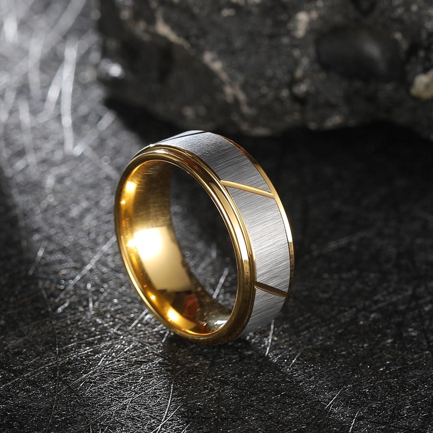 imageKing Will Mens Tungsten Carbide Wedding Band 7mm 8mm Men Wedding Ring Dual Tone BrushedHigh Polished with Unique Grooves Laser  Comfort Fit Size 714A Slash Gold