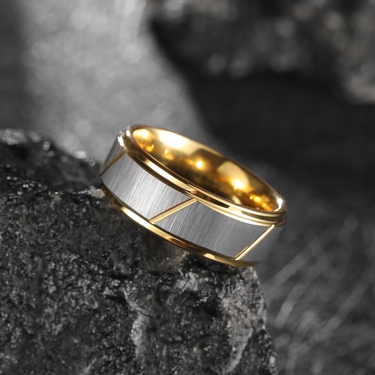 imageKing Will Mens Tungsten Carbide Wedding Band 7mm 8mm Men Wedding Ring Dual Tone BrushedHigh Polished with Unique Grooves Laser  Comfort Fit Size 714A Slash Gold