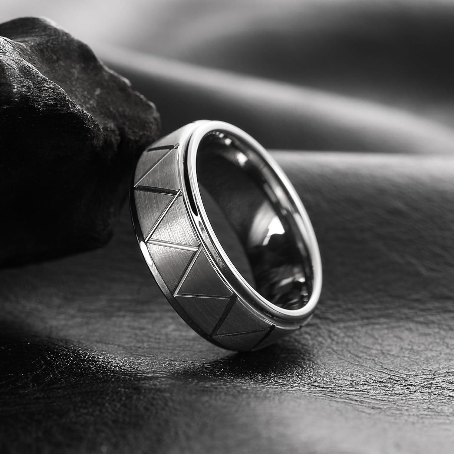 imageKing Will Mens Tungsten Carbide Wedding Band 7mm 8mm Men Wedding Ring Dual Tone BrushedHigh Polished with Unique Grooves Laser  Comfort Fit Size 714BTriangles Grooves Silver