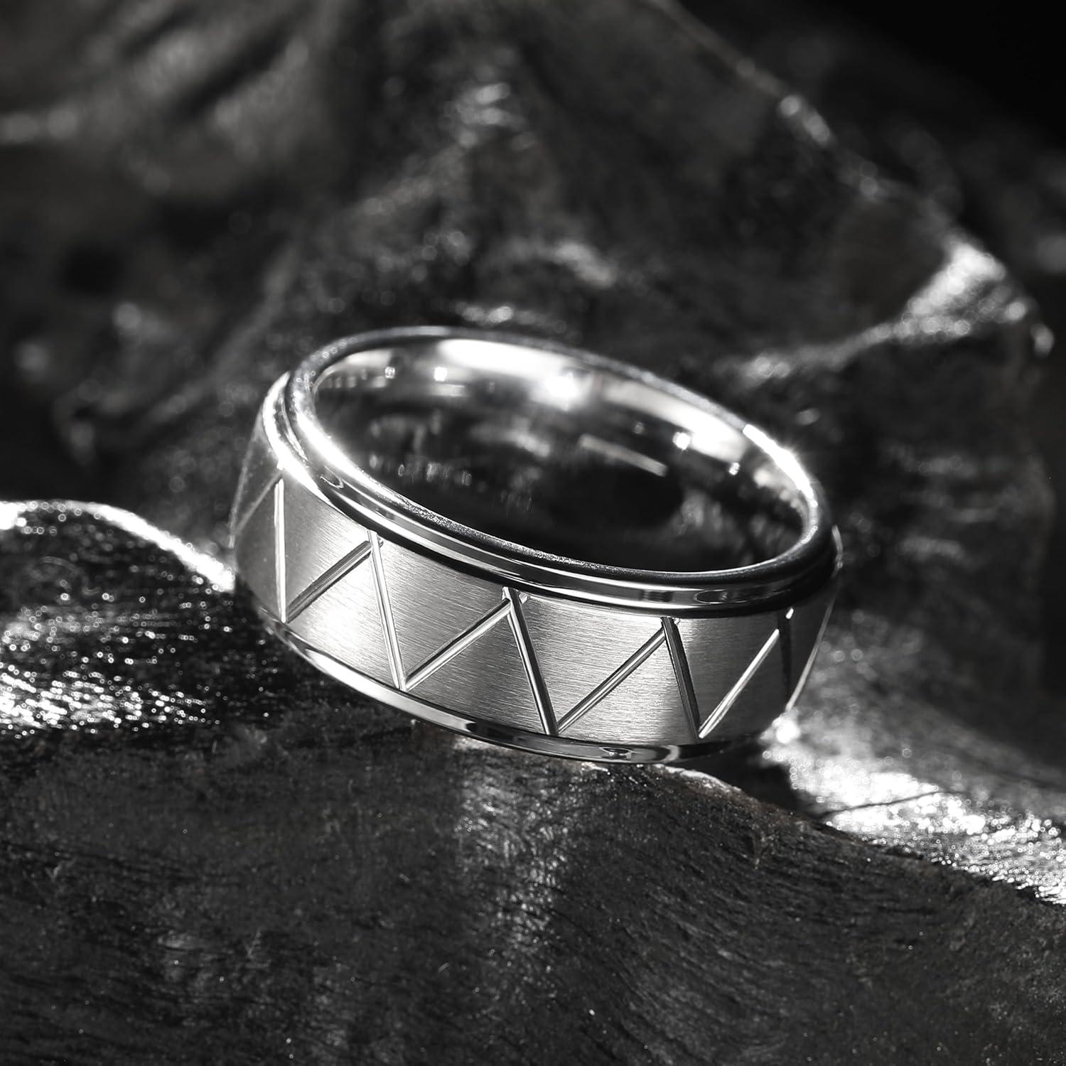 imageKing Will Mens Tungsten Carbide Wedding Band 7mm 8mm Men Wedding Ring Dual Tone BrushedHigh Polished with Unique Grooves Laser  Comfort Fit Size 714BTriangles Grooves Silver