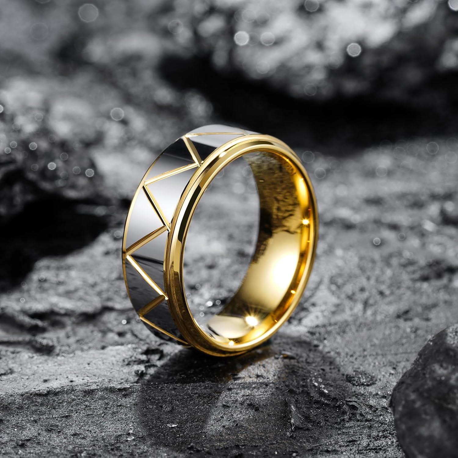 imageKing Will Mens Tungsten Carbide Wedding Band 7mm 8mm Men Wedding Ring Dual Tone BrushedHigh Polished with Unique Grooves Laser  Comfort Fit Size 714BTriangles Grooves SilverGold