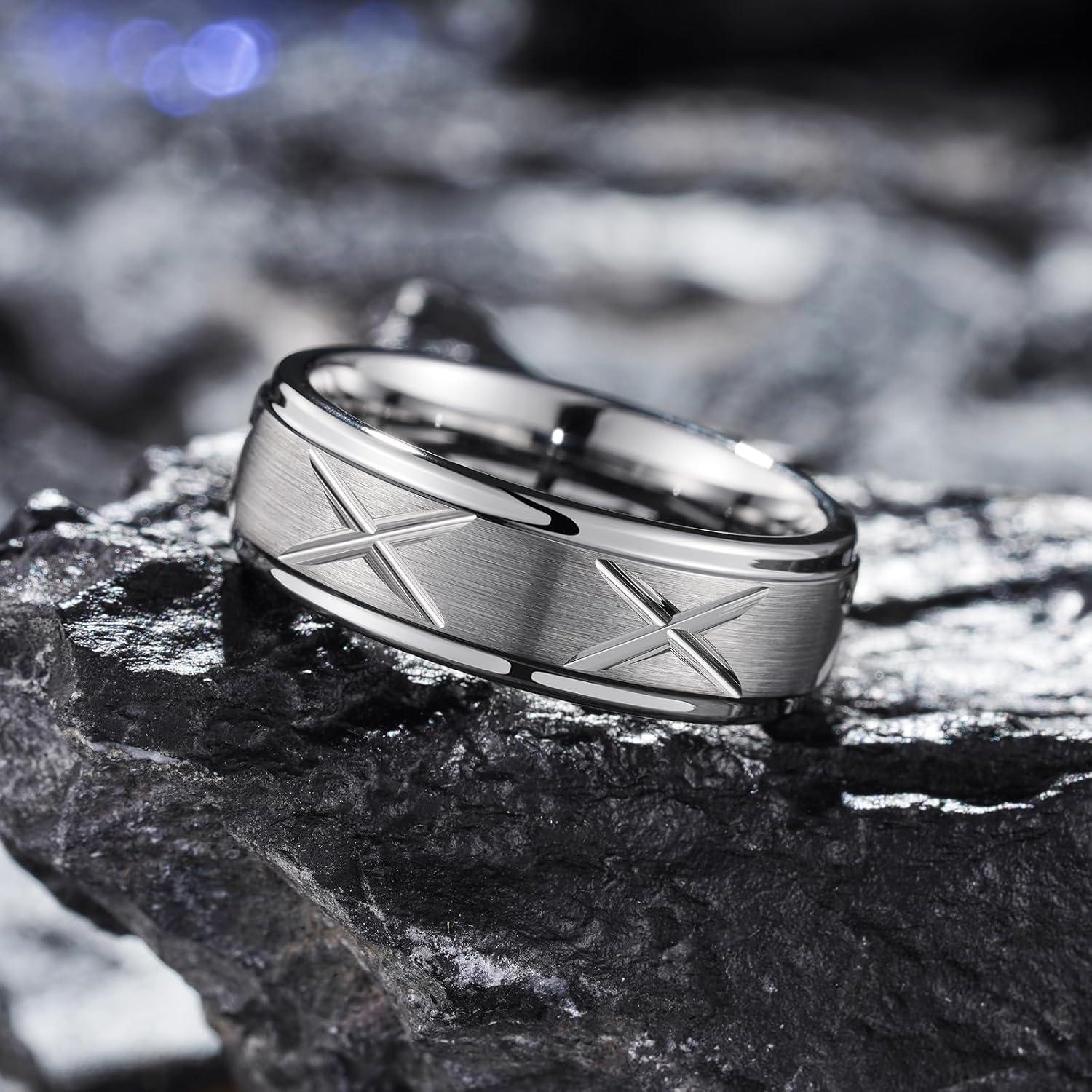 imageKing Will Mens Tungsten Carbide Wedding Band 7mm 8mm Men Wedding Ring Dual Tone BrushedHigh Polished with Unique Grooves Laser  Comfort Fit Size 714CCross Silver