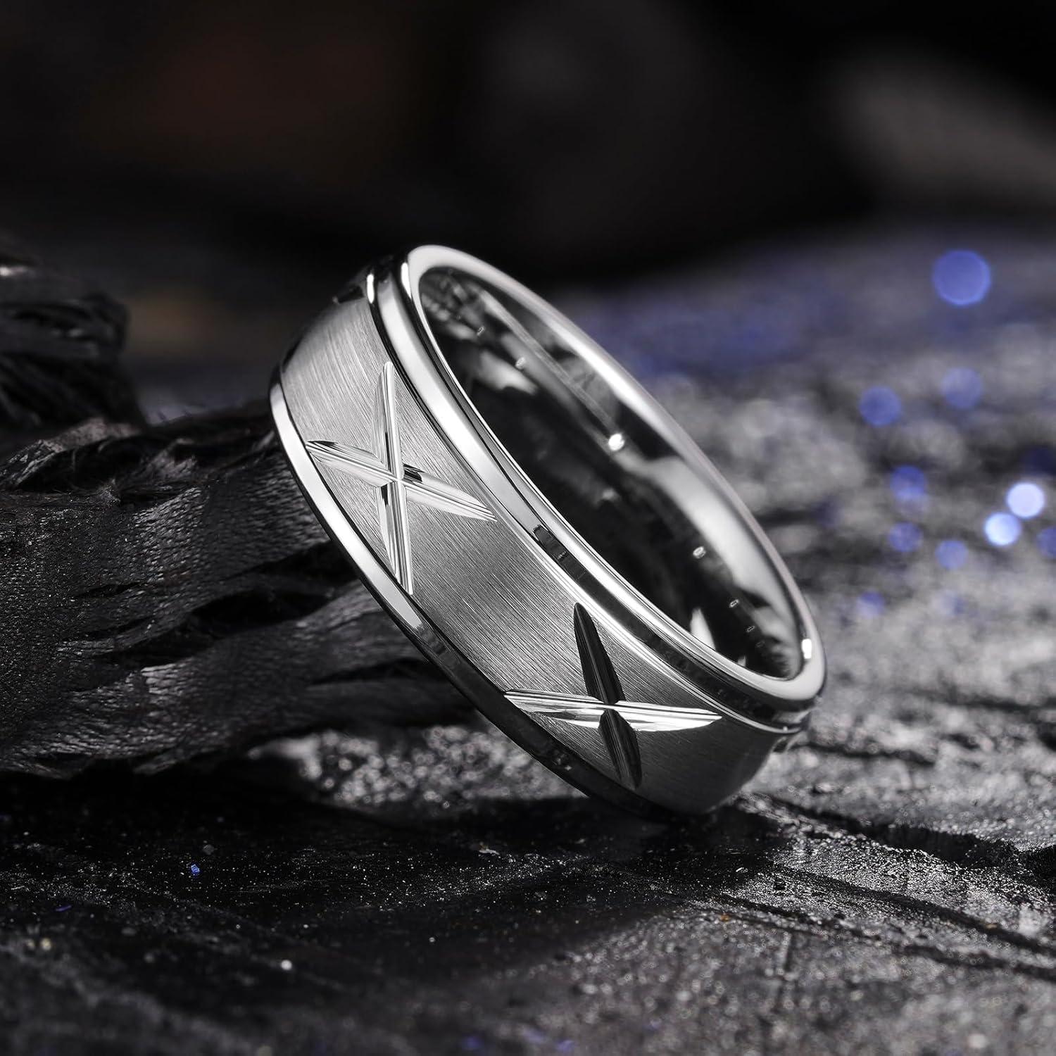 imageKing Will Mens Tungsten Carbide Wedding Band 7mm 8mm Men Wedding Ring Dual Tone BrushedHigh Polished with Unique Grooves Laser  Comfort Fit Size 714CCross Silver