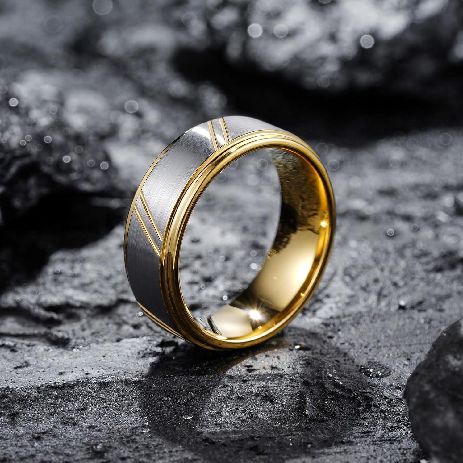 imageKing Will Mens Tungsten Carbide Wedding Band 7mm 8mm Men Wedding Ring Dual Tone BrushedHigh Polished with Unique Grooves Laser  Comfort Fit Size 714GoldB