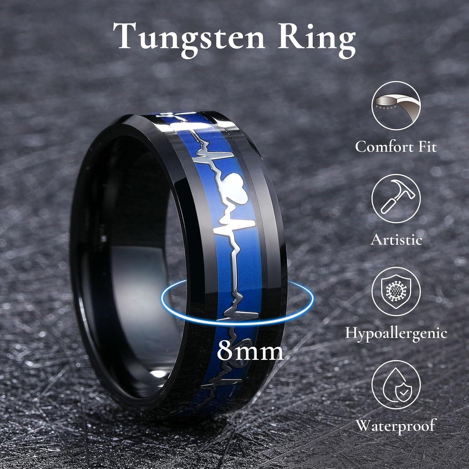 imageKing Will Mens Tungsten Mood Rings Mens Emotional Wedding Rings Heart DesignCeltic Dragon Inlay Beveled Edge Ring for Men Women Comfort Fit DurableABlack