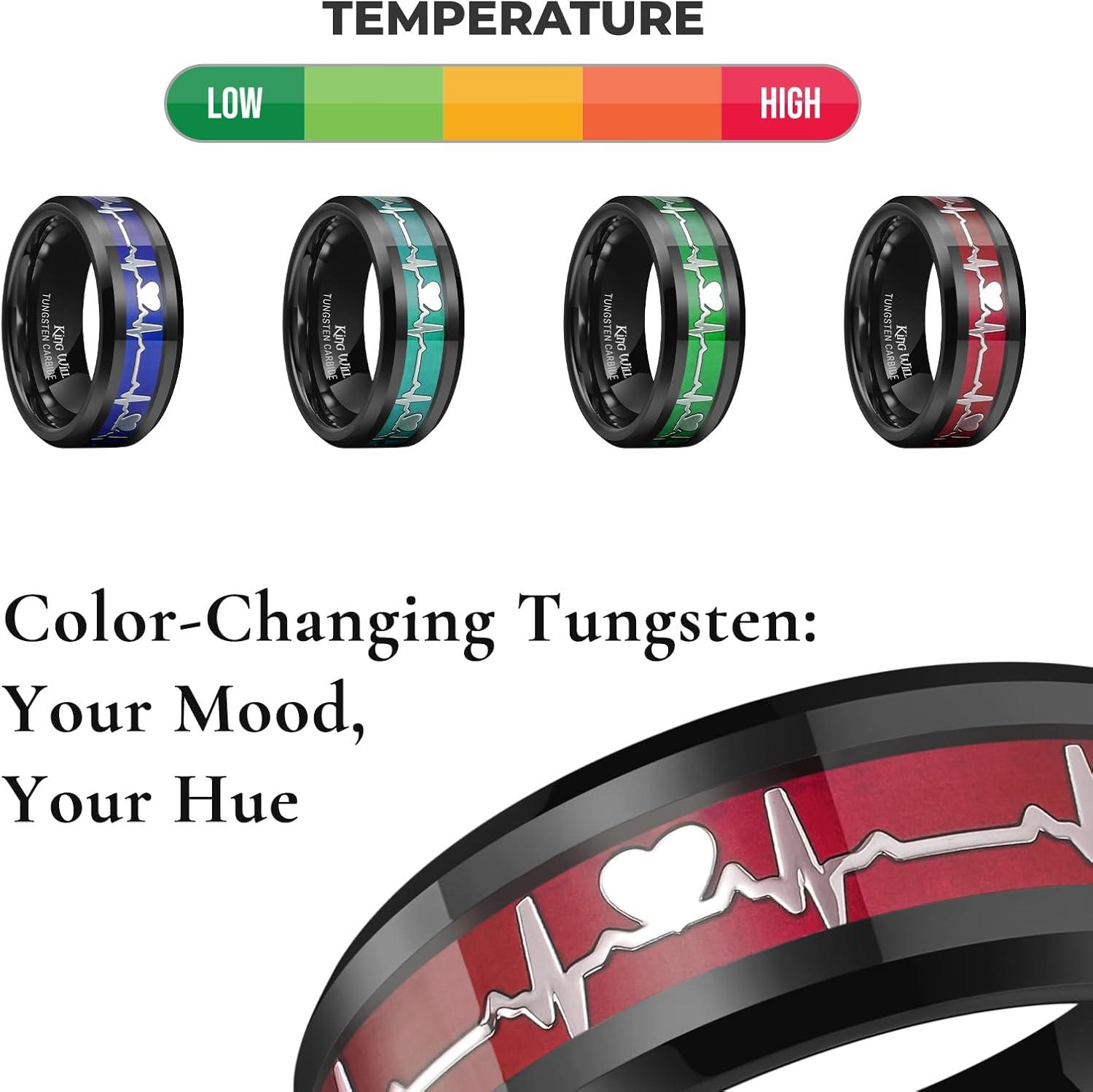 imageKing Will Mens Tungsten Mood Rings Mens Emotional Wedding Rings Heart DesignCeltic Dragon Inlay Beveled Edge Ring for Men Women Comfort Fit DurableABlack