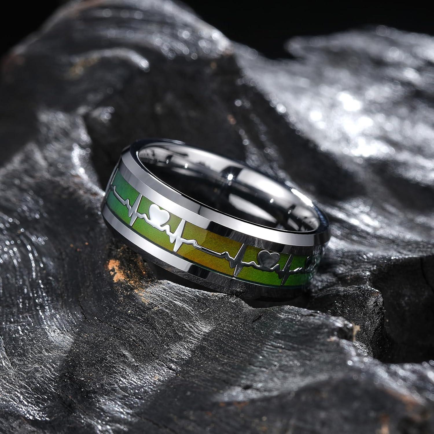 imageKing Will Mens Tungsten Mood Rings Mens Emotional Wedding Rings Heart DesignCeltic Dragon Inlay Beveled Edge Ring for Men Women Comfort Fit DurableASilver