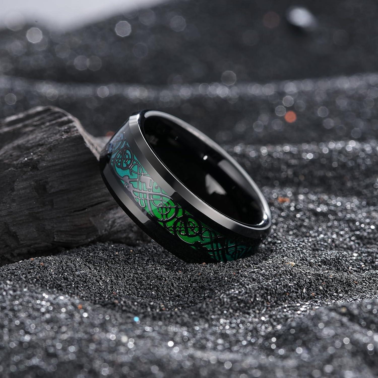 imageKing Will Mens Tungsten Mood Rings Mens Emotional Wedding Rings Heart DesignCeltic Dragon Inlay Beveled Edge Ring for Men Women Comfort Fit DurableBBlack