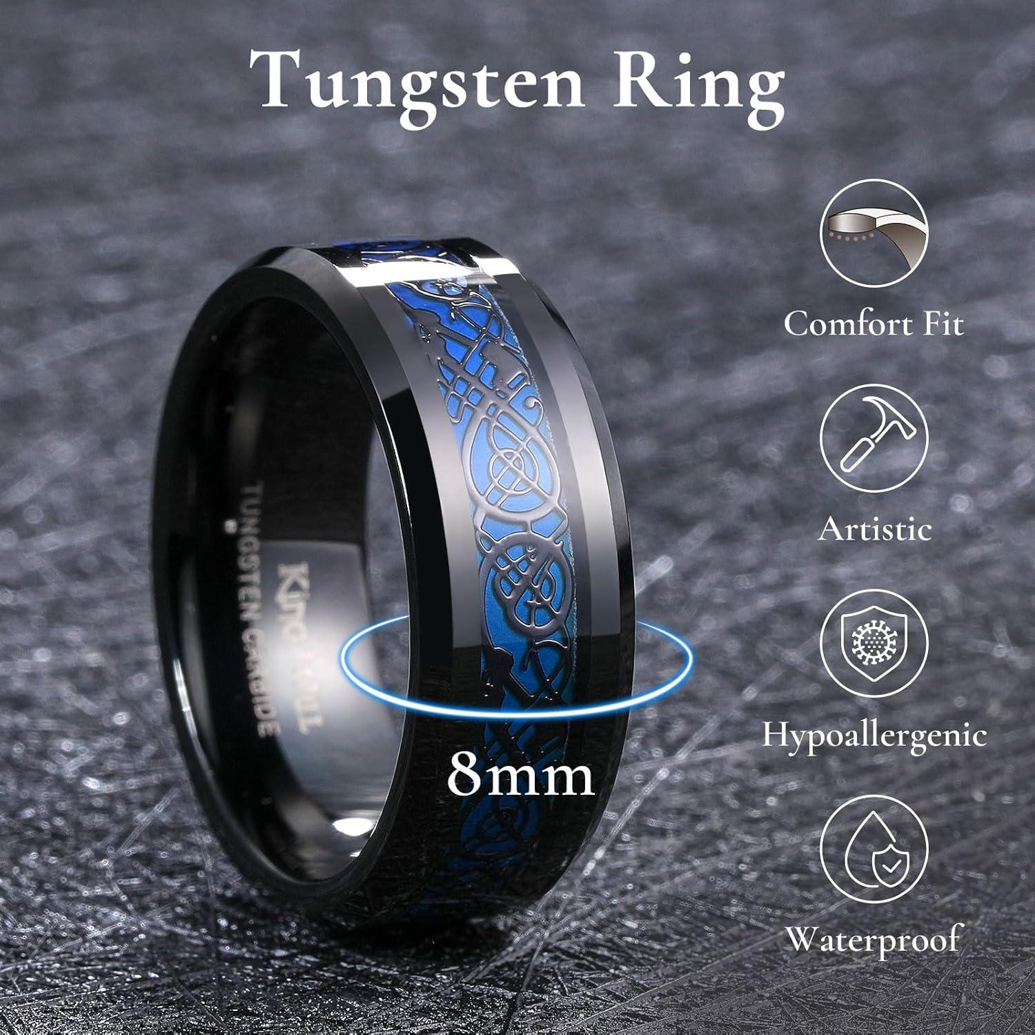 imageKing Will Mens Tungsten Mood Rings Mens Emotional Wedding Rings Heart DesignCeltic Dragon Inlay Beveled Edge Ring for Men Women Comfort Fit DurableBBlack
