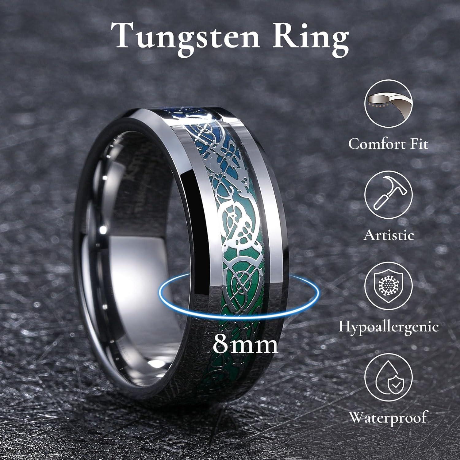 imageKing Will Mens Tungsten Mood Rings Mens Emotional Wedding Rings Heart DesignCeltic Dragon Inlay Beveled Edge Ring for Men Women Comfort Fit DurableBSilver
