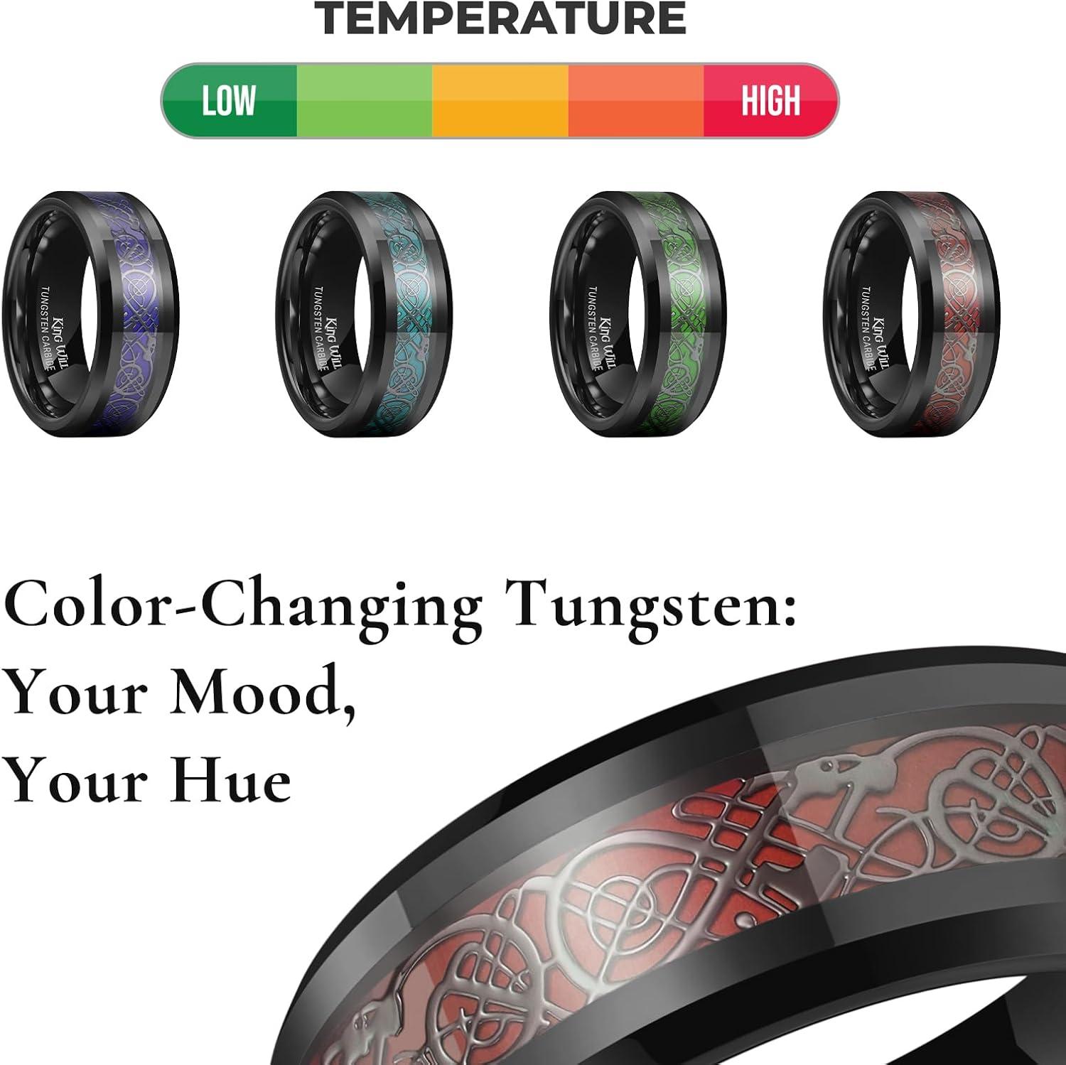 imageKing Will Mens Tungsten Mood Rings Mens Emotional Wedding Rings Heart DesignCeltic Dragon Inlay Beveled Edge Ring for Men Women Comfort Fit DurableBSilver