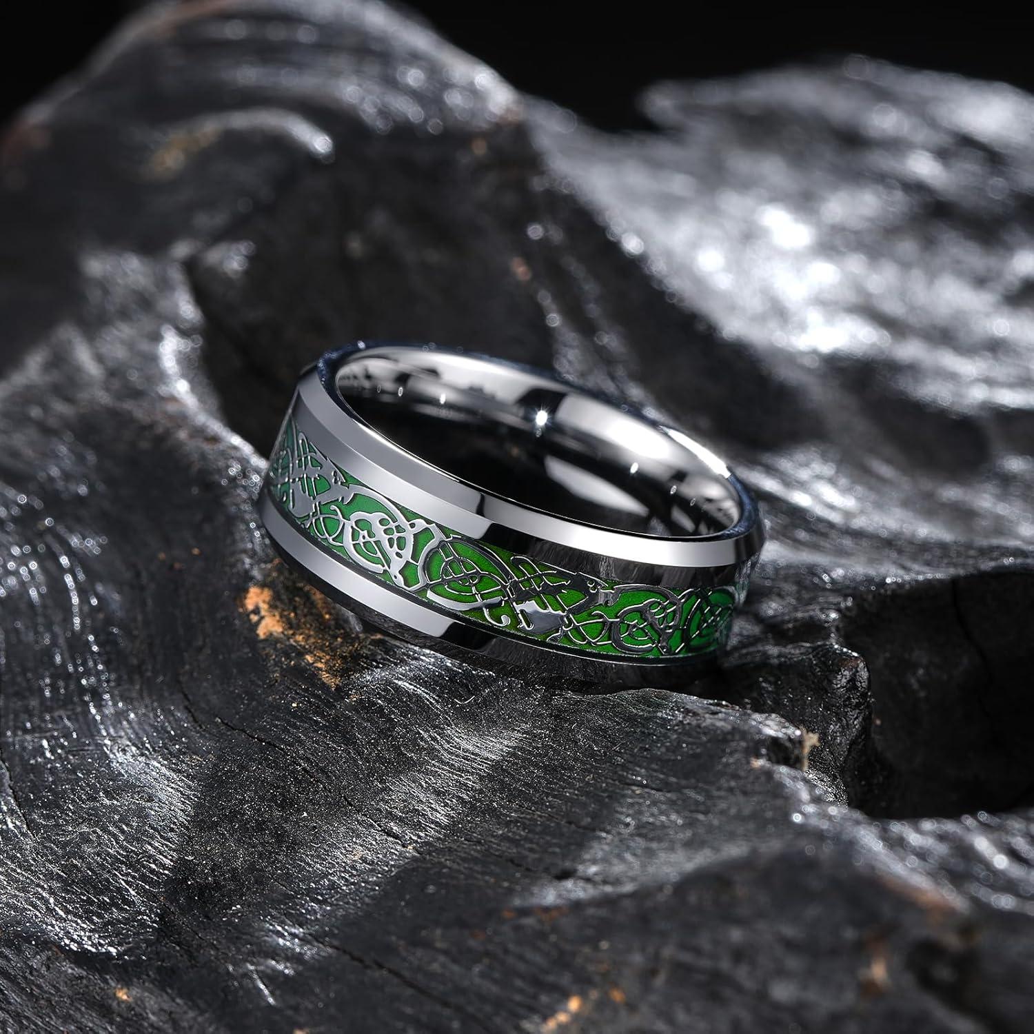 imageKing Will Mens Tungsten Mood Rings Mens Emotional Wedding Rings Heart DesignCeltic Dragon Inlay Beveled Edge Ring for Men Women Comfort Fit DurableBSilver