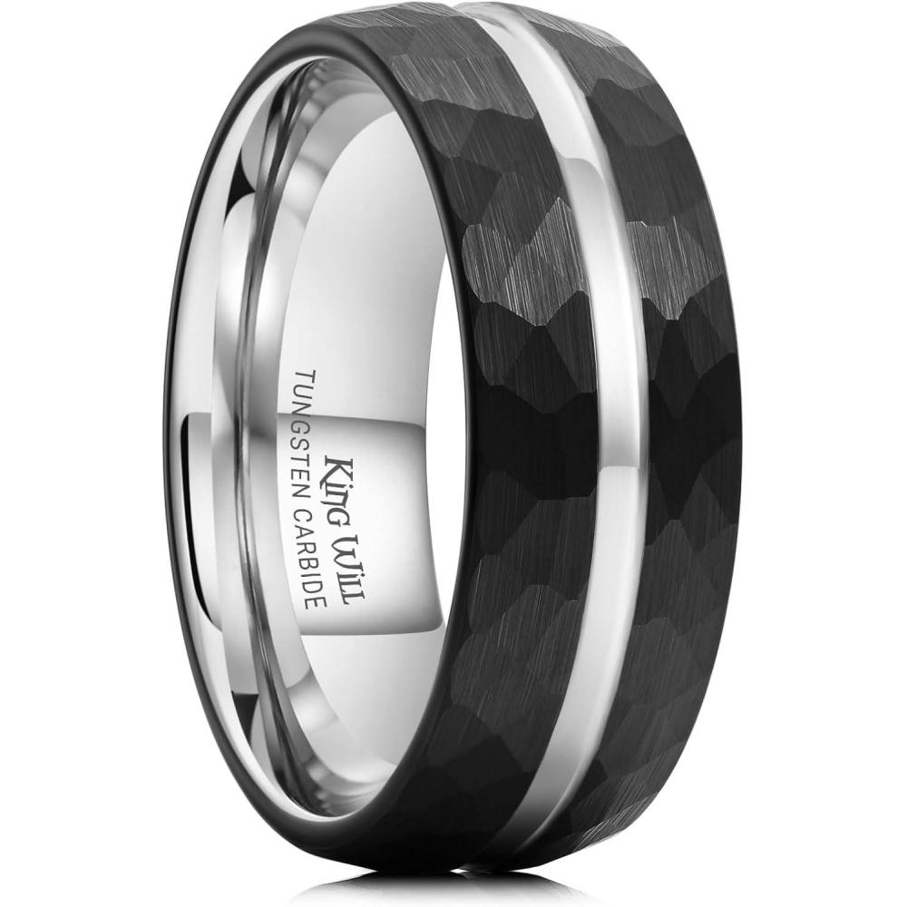 imageKing Will 6mm 8mm Mens Tungsten Carbide Wedding Ring Hammered Groove Wedding Band Mens Two Tone BlackSilverGoldBrown Engagement Ring for Men and Women Matte Brushed Finish Comfort Fit Size 6148MM BlackSilver Groove