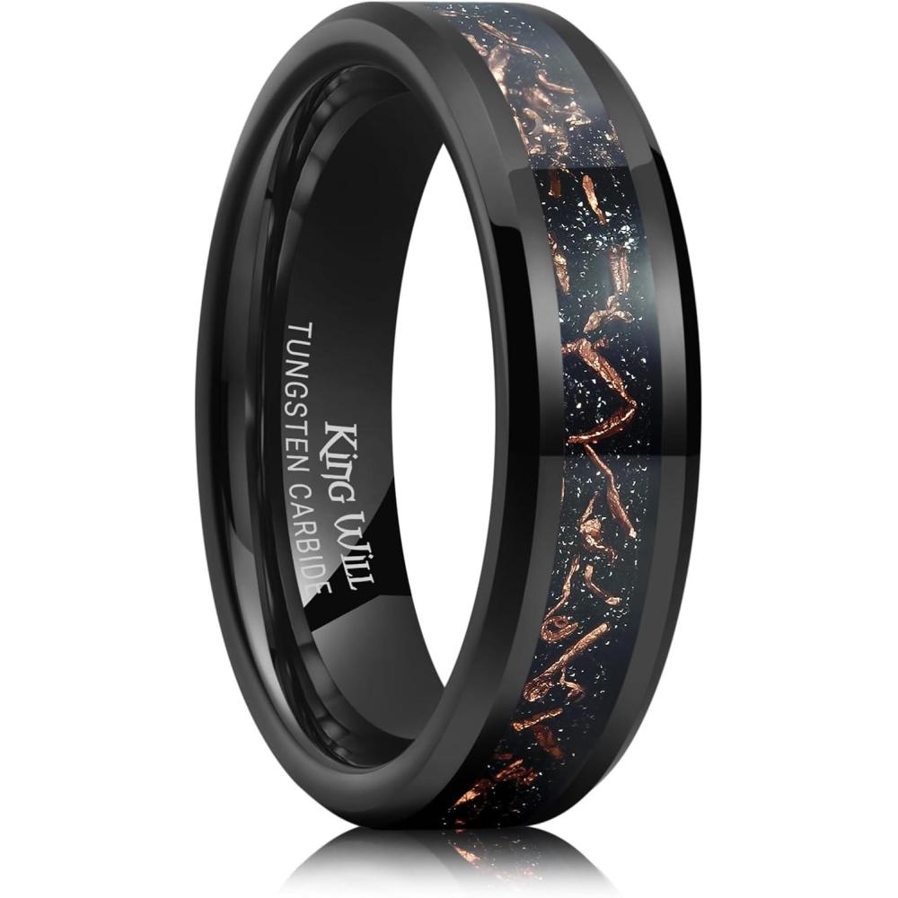 imageKing Will Mens Meteorite Tungsten Wedding Bands 6mm8mm Width BlackSilver Engagement Rings for Couples Beveled Edge Promise Ring for Women Comfort FitBlackRose Gold6mm