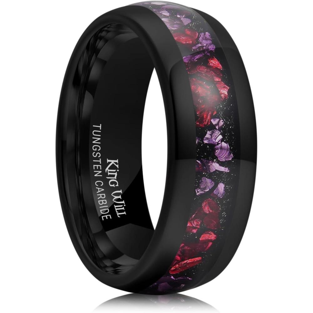 imageKing Will Mens Meteorite Tungsten Wedding Bands 6mm8mm Width BlackSilver Engagement Rings for Couples Beveled Edge Promise Ring for Women Comfort FitChristmas B8mm