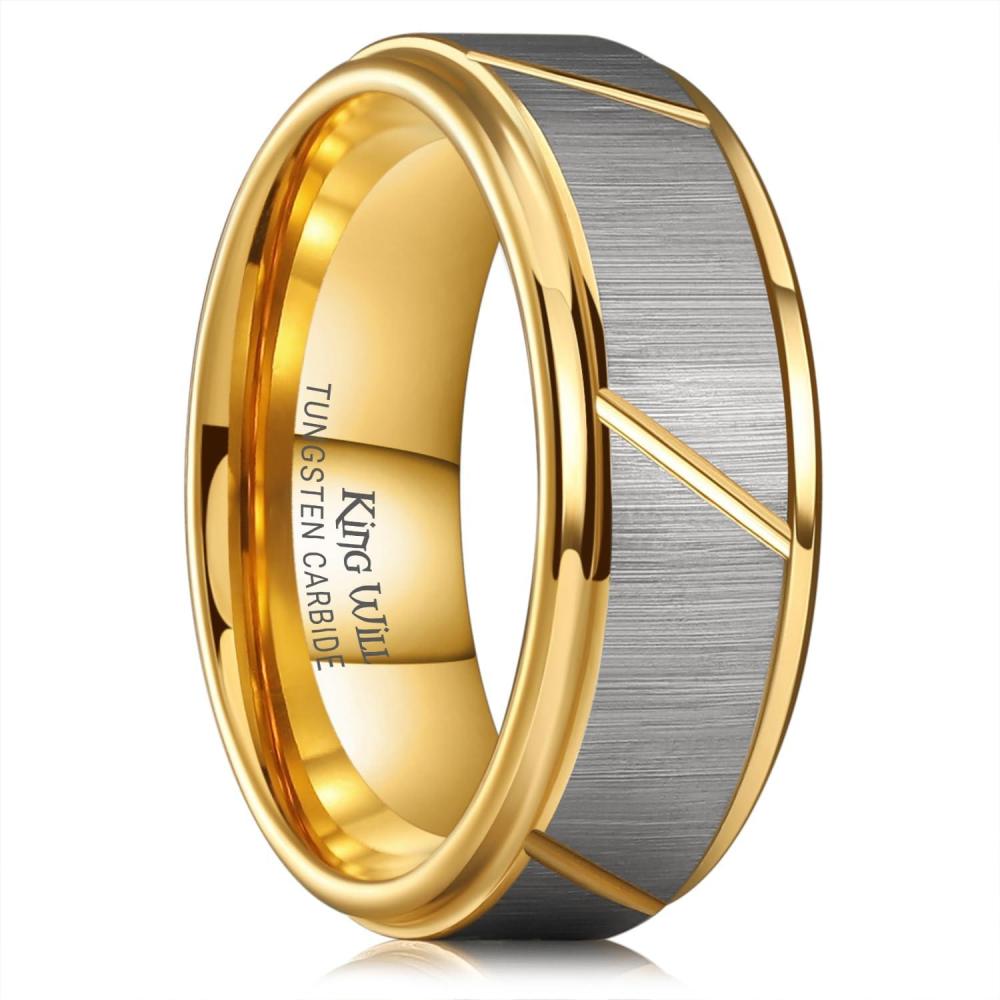 imageKing Will Mens Tungsten Carbide Wedding Band 7mm 8mm Men Wedding Ring Dual Tone BrushedHigh Polished with Unique Grooves Laser Comfort Fit Size 714A Slash Gold