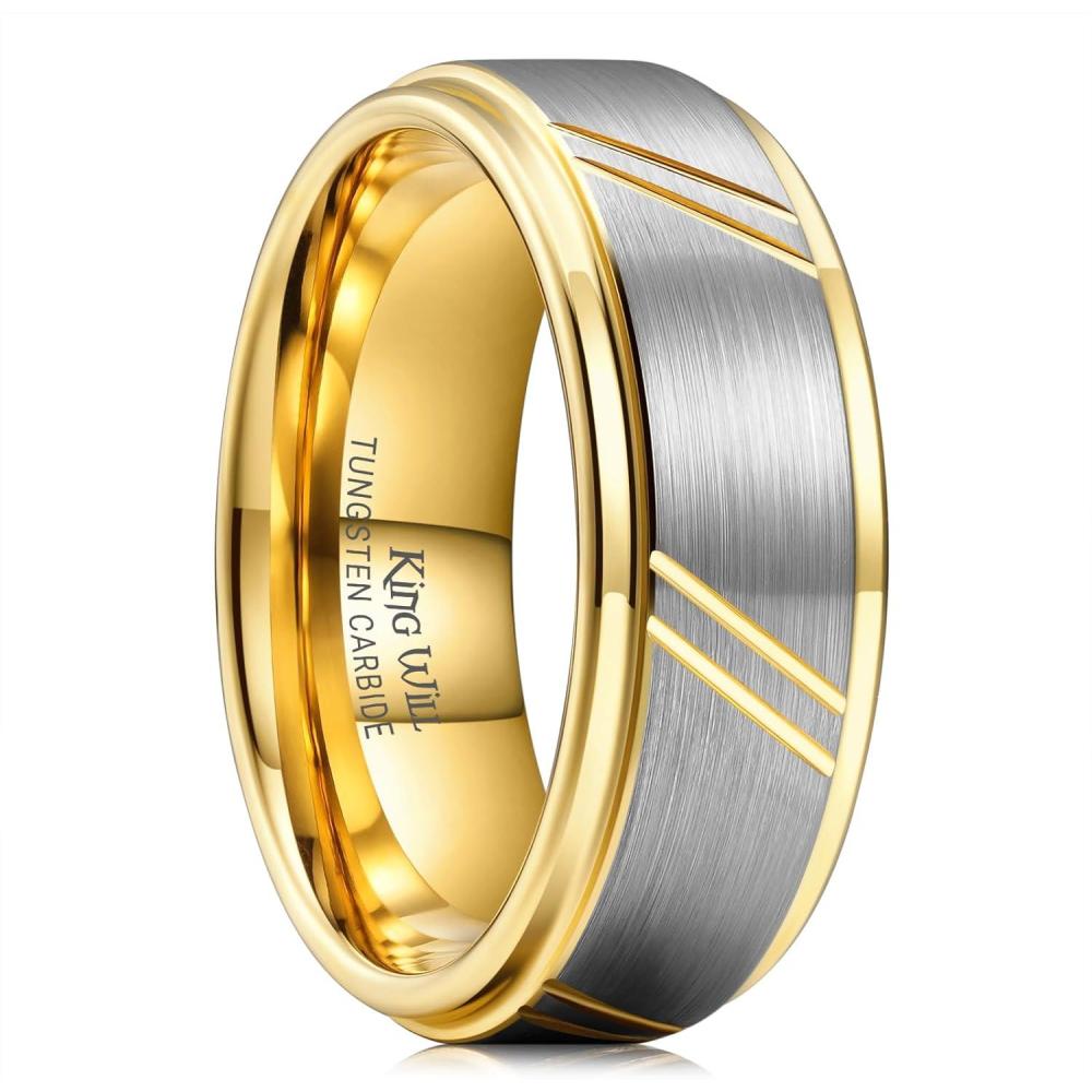 imageKing Will Mens Tungsten Carbide Wedding Band 7mm 8mm Men Wedding Ring Dual Tone BrushedHigh Polished with Unique Grooves Laser  Comfort Fit Size 714GoldB
