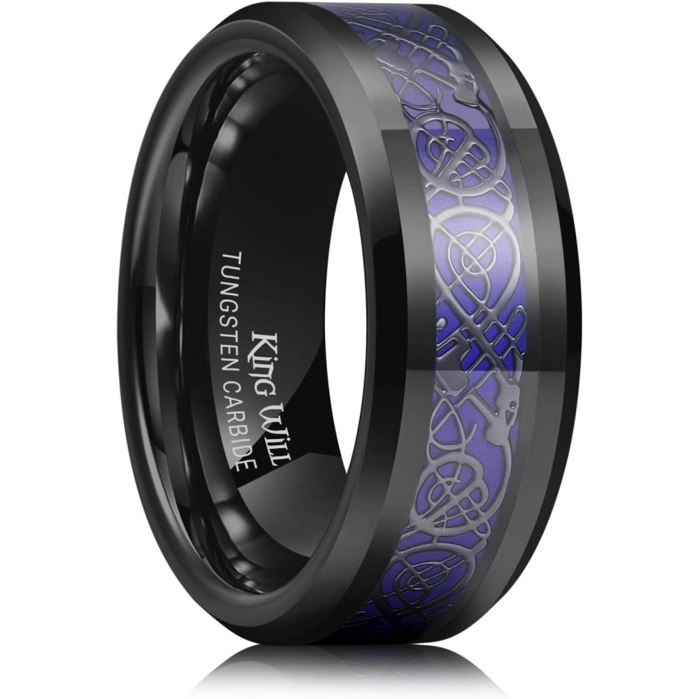 imageKing Will Mens Tungsten Mood Rings Mens Emotional Wedding Rings Heart DesignCeltic Dragon Inlay Beveled Edge Ring for Men Women Comfort Fit DurableBBlack