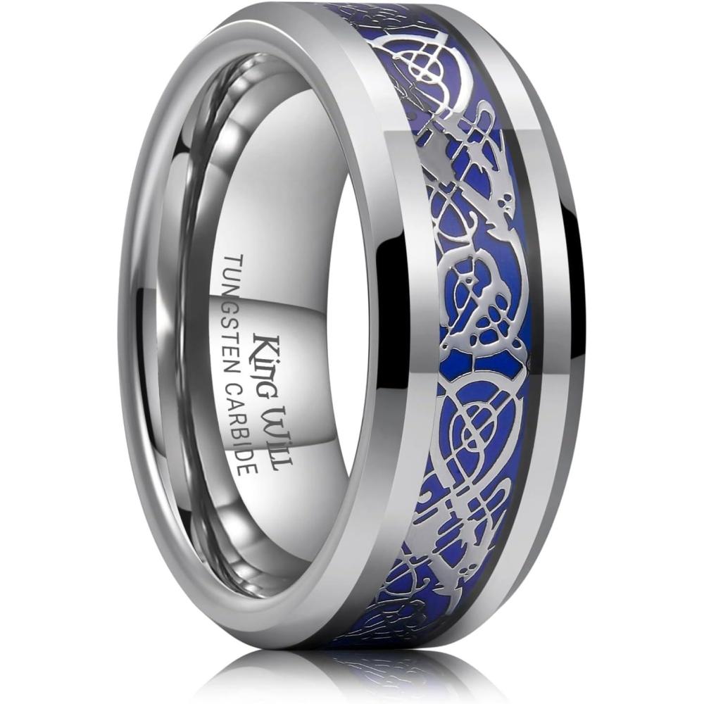 imageKing Will Mens Tungsten Mood Rings Mens Emotional Wedding Rings Heart DesignCeltic Dragon Inlay Beveled Edge Ring for Men Women Comfort Fit DurableBSilver