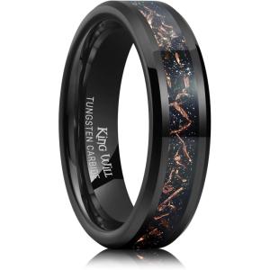 King Will Mens Meteorite Tungsten Wedding Bands, 6mm/8mm Width, Black/Silver Engagement Rings for Couples, Beveled Edge Promise Ring for Women Comfort Fit(Black&Rose Gold-6mm)