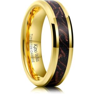 King Will Mens Meteorite Tungsten Wedding Bands, 6mm/8mm Width, Black/Silver Engagement Rings for Couples, Beveled Edge Promise Ring for Women Comfort Fit(Gold&Rose Gold-6mm)