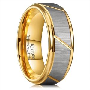 King Will Men’s Tungsten Carbide Wedding Band, 7mm 8mm Men Wedding Ring Dual Tone Brushed/High Polished with Unique Grooves Laser – Comfort Fit Size 7-14(A- Slash Gold)