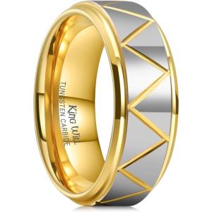 King Will Men’s Tungsten Carbide Wedding Band, 7mm 8mm Men Wedding Ring Dual Tone Brushed/High Polished with Unique Grooves Laser – Comfort Fit Size 7-14(B-Triangles Grooves Silver&Gold)