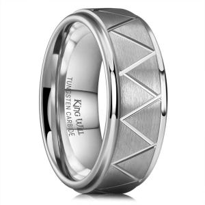 King Will Men’s Tungsten Carbide Wedding Band, 7mm 8mm Men Wedding Ring Dual Tone Brushed/High Polished with Unique Grooves Laser – Comfort Fit Size 7-14(B-Triangles Grooves Silver)