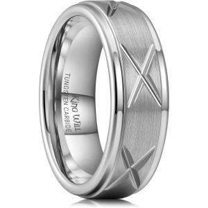 King Will Men’s Tungsten Carbide Wedding Band, 7mm 8mm Men Wedding Ring Dual Tone Brushed/High Polished with Unique Grooves Laser – Comfort Fit Size 7-14(C-Cross Silver)