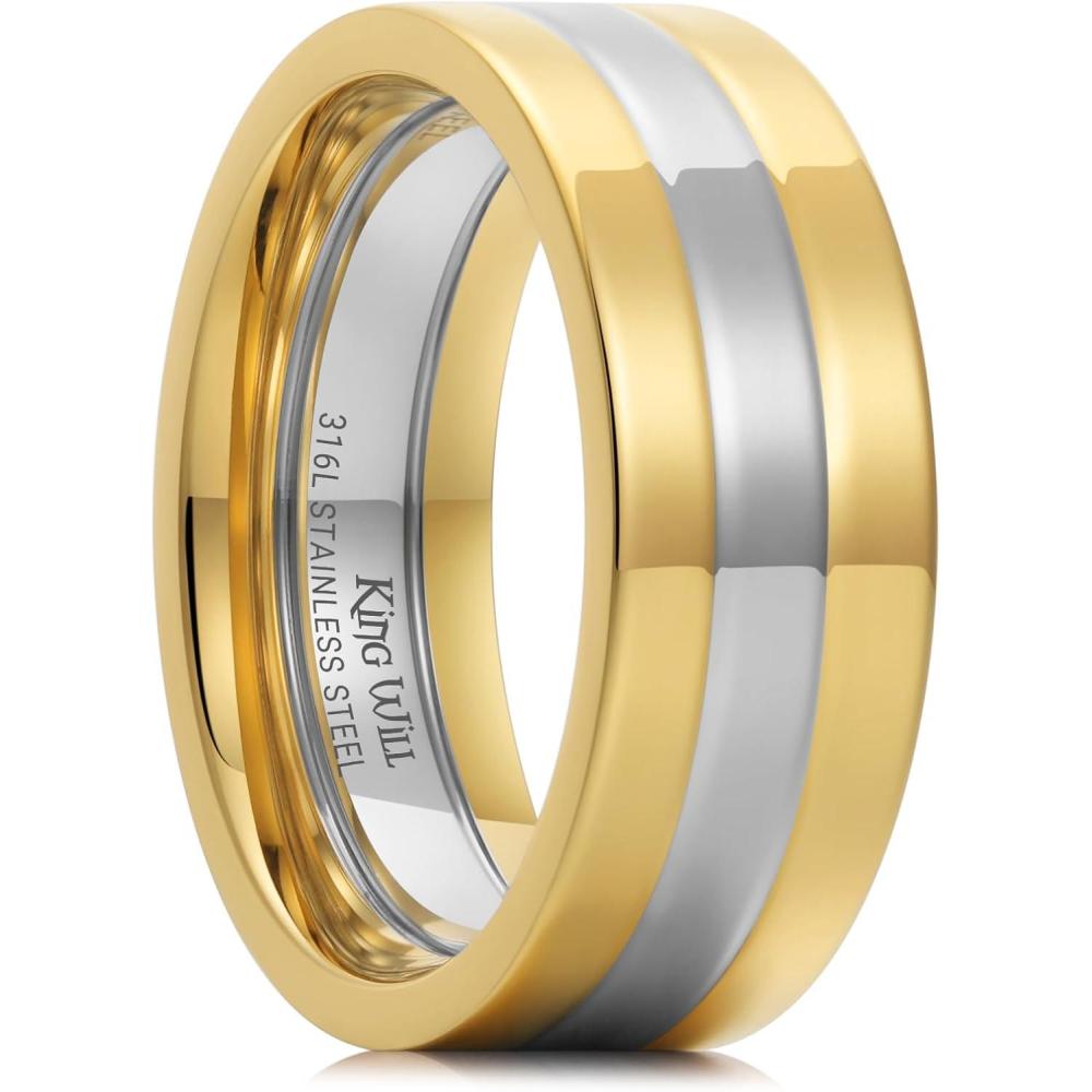imageKing Will 316L Stainless Steel Mens Wedding Band  68 mm DualTone Wedding Ring Polished Finish with GoldBlack Steel Plating Fashionable and Durable Stainless Steel Mens Ring Size 714GoldD
