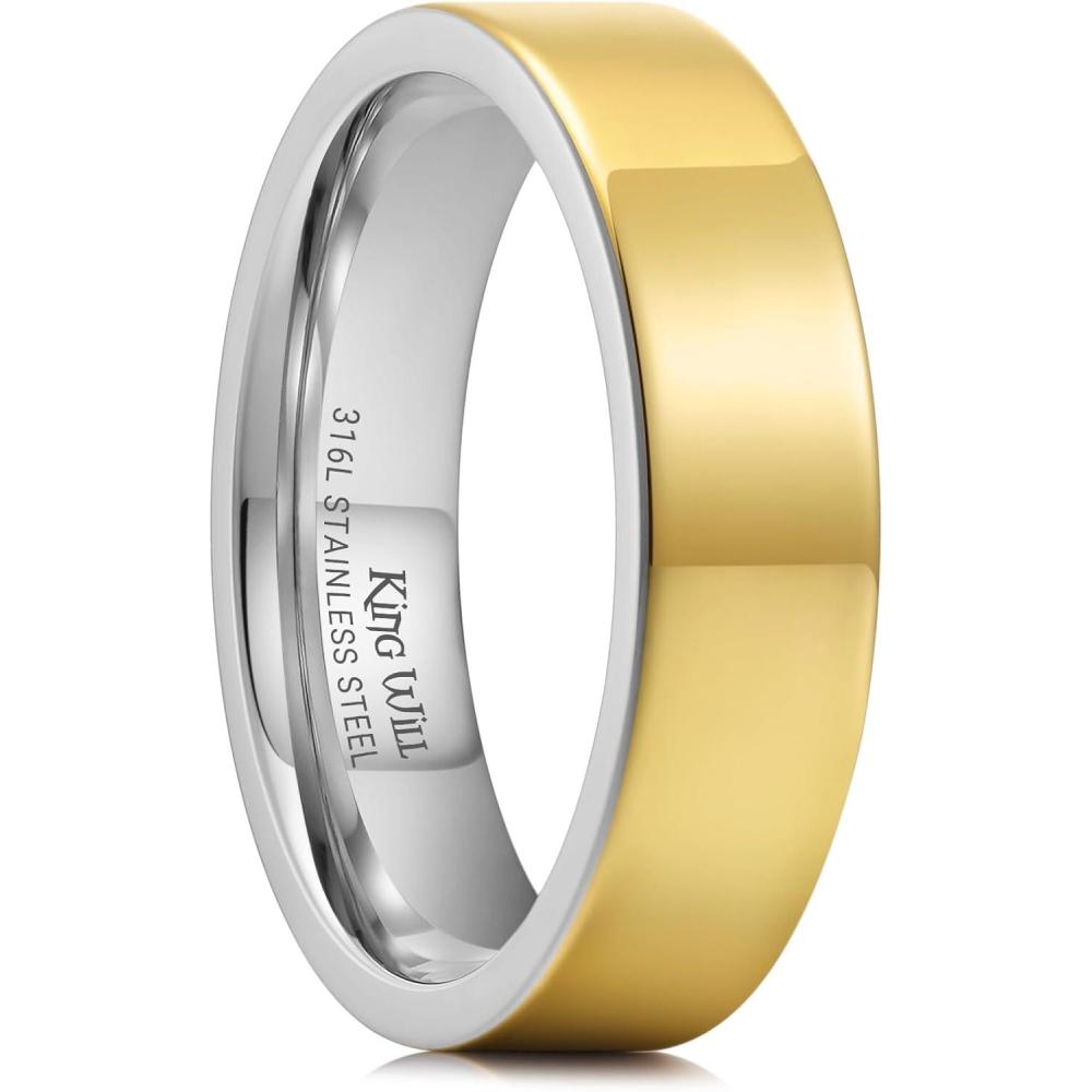 imageKing Will 316L Stainless Steel Mens Wedding Band  68 mm DualTone Wedding Ring Polished Finish with GoldBlack Steel Plating Fashionable and Durable Stainless Steel Mens Ring Size 714SteelGold