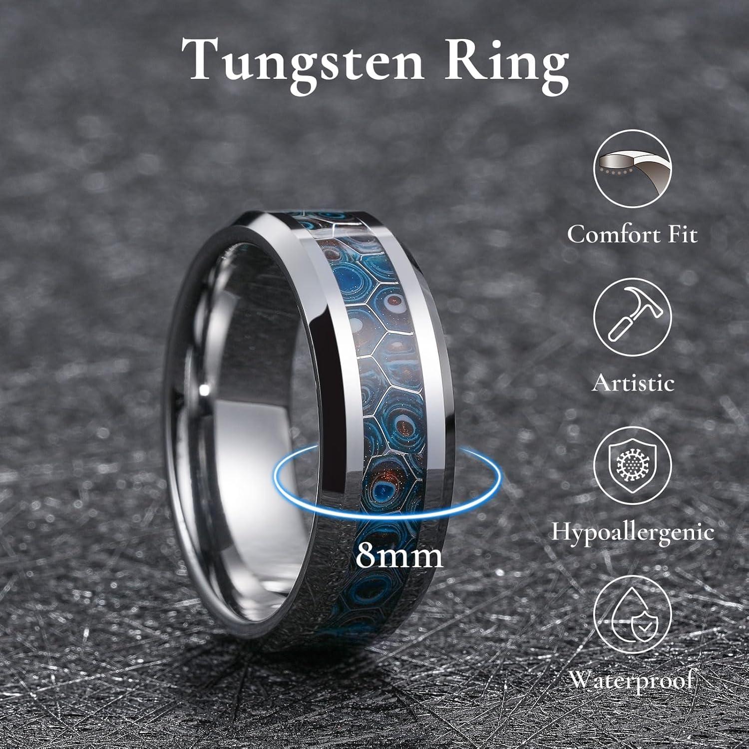 imageKing Will Mens 8mm Black Silver Tungsten Rings Mens Wedding Rings Fishing Line Inlay Beveled Edge Ring for Men Women Comfort Fit DurableSilver